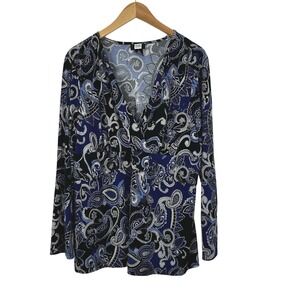 Studio 1940 Women's Top 2-24W Faux Wrap Blouse Blue Gray Whimsy Paisley 90s Y2K